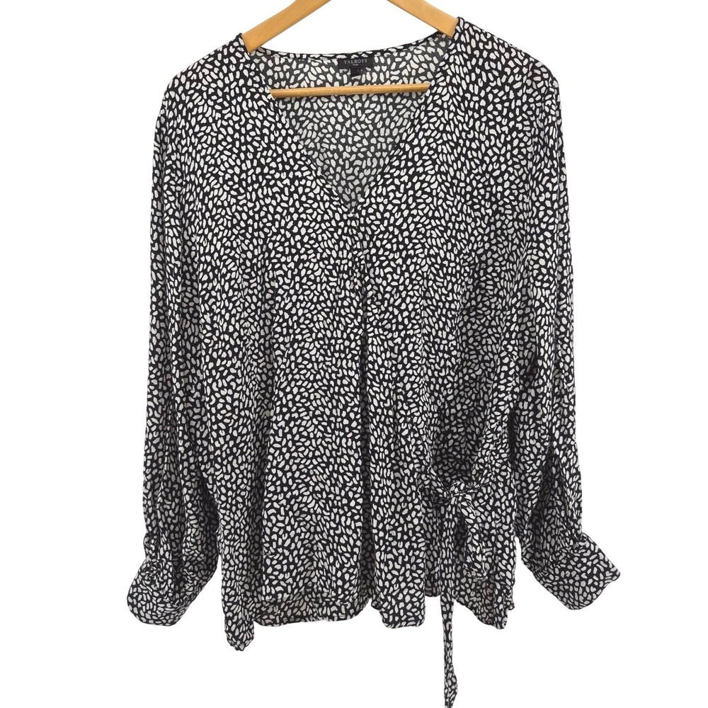 Talbots Plus 2X Black White Abstract Print Wrap Tie Waist Blouse Long Sleeve Top